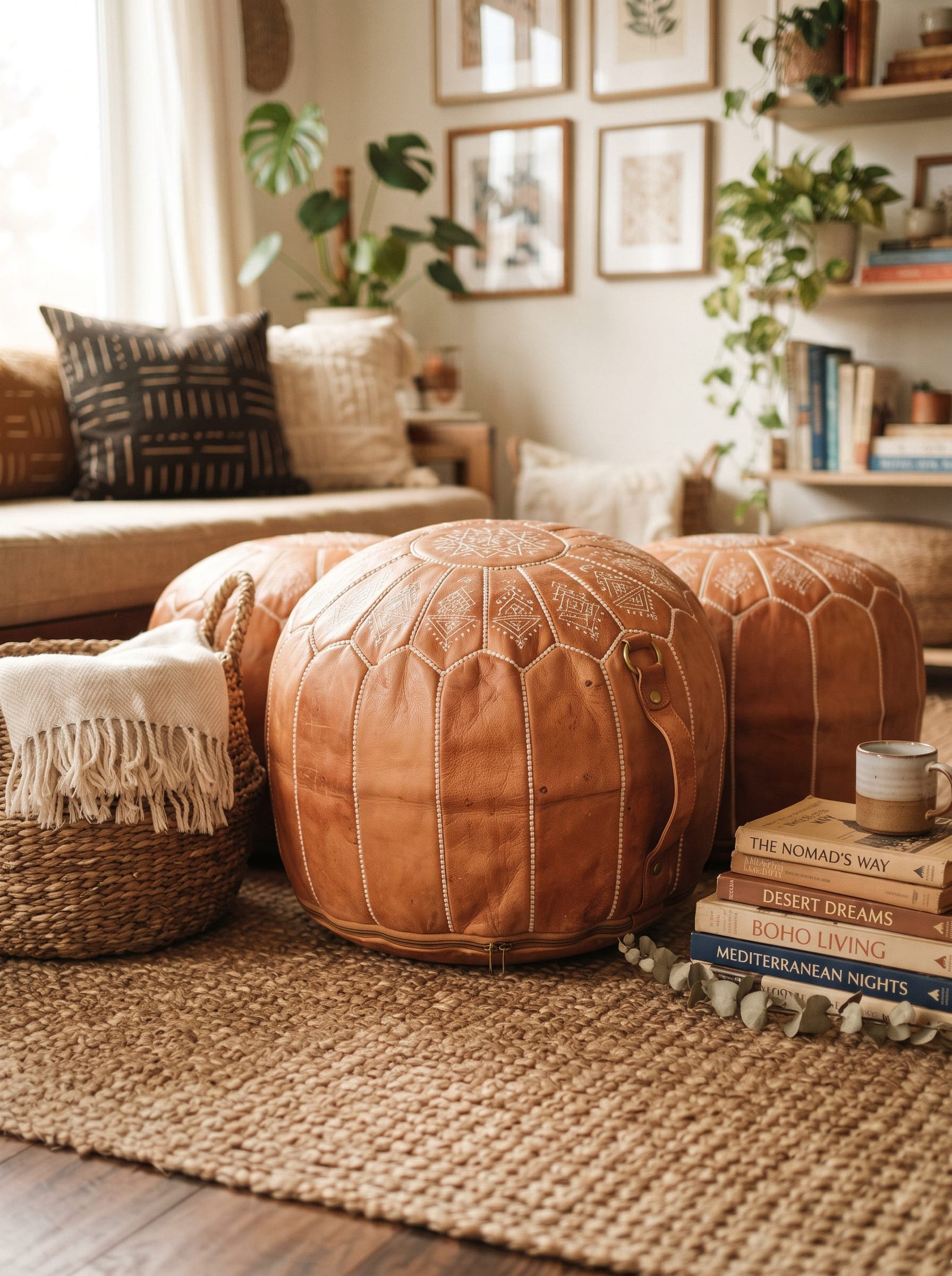 Handmade Tan Moroccan Leather Pouf