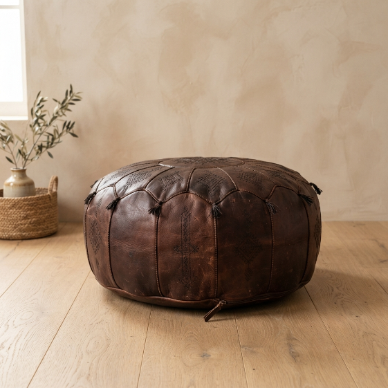 download (1) Vintage Dark Brown Leather Ottoman Pouf