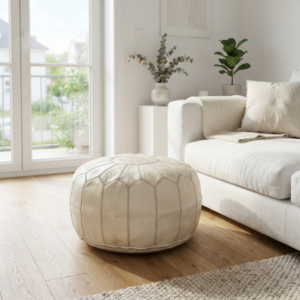 Modern Cream White Moroccan Leather Pouf