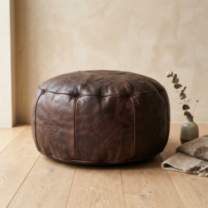 Vintage Dark Brown Leather Ottoman Pouf