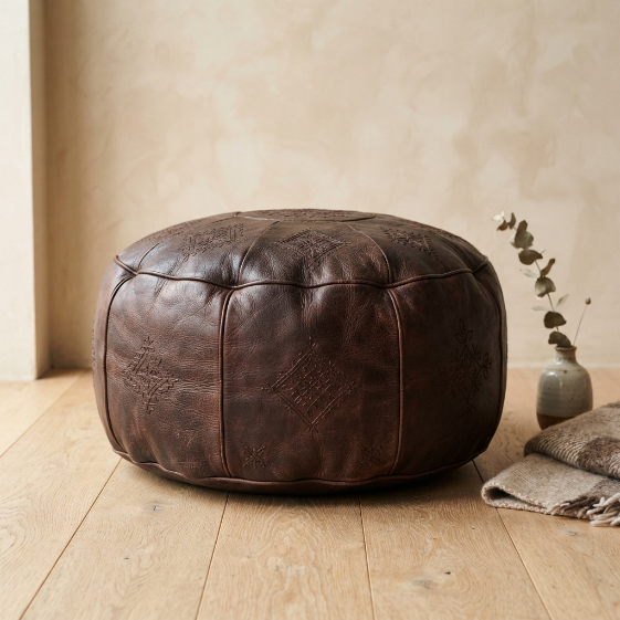 download Vintage Dark Brown Leather Ottoman Pouf