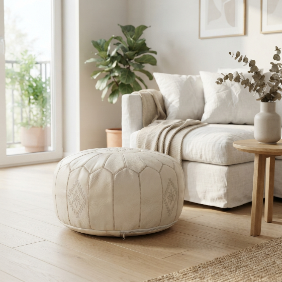 download Modern Cream White Moroccan Leather Pouf