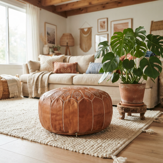 Handmade Tan Moroccan Leather Pouf
